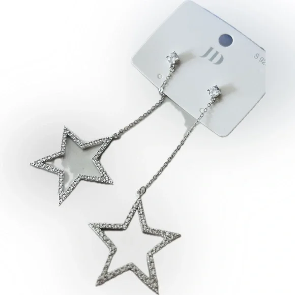 Silverplated Star Rhinestone Pendant Drop Dangle Fashion Earrings Set 2.25" - Picture 2 of 4